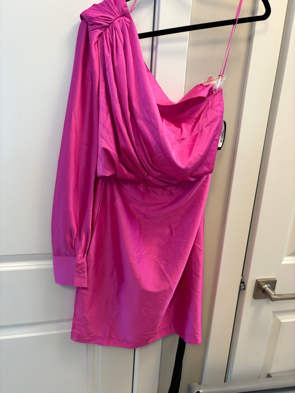 Luxxel One-Shoulder Hot Pink Satin Mini Dress